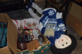 A box of miscellaneous items, including Royal Worcester figure, christmas related items and more.
