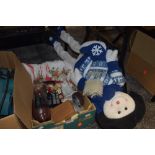 A box of miscellaneous items, including Royal Worcester figure, christmas related items and more.