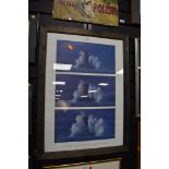 A large framed print of lighthouse in storm.