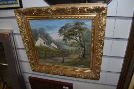 A framed oil on canvas depicting an Irish farmhouse. Signed Sutton D84.