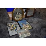 A selection of embroideries and an oval gilt framed mirror