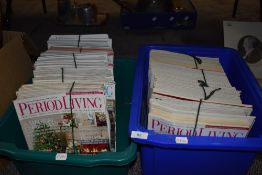 Two containers of Period Living magazines.