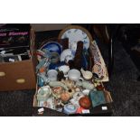 A mixed box of items,amongst which are ceramics of animal interest, also Wedgwood, a sewing set,