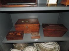 A selection of wooden cases including Marquetry, writers case and tea caddy