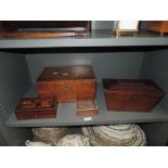 A selection of wooden cases including Marquetry, writers case and tea caddy