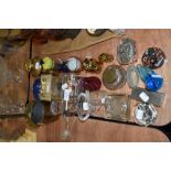 A collection of glass and metal including Brass pan having lidded spout, carriage clock, ink wells