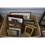 A large box of prints and picture frames including gilt and plaster frames