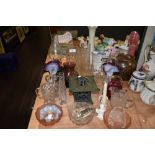 An assorted lot of vintage glass and similar including oil lamp, vases, jug and more.