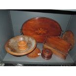 A selection of treen wood items including large cream bowl, oak letter rack and Sorrento style