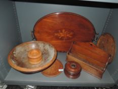 A selection of treen wood items including large cream bowl, oak letter rack and Sorrento style