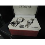 A cased pair of quartz fashion watches by Geneva