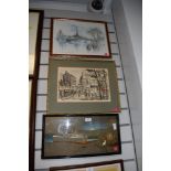 A framed watercolour of Paris and a similar print, also included is a framed painting on fabric '