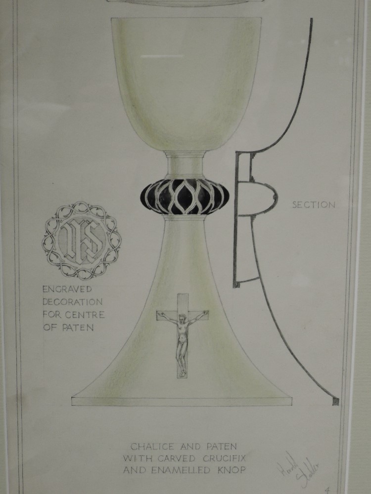 A sketch, Harold Stabler, design for, Chalice and Paten with carved crucifix and enamelled knop,