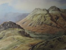 A watercolour, Christine Baines, Langdale Pikes from Lingmoor, signed, and attributed verso, 35 x