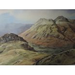 A watercolour, Christine Baines, Langdale Pikes from Lingmoor, signed, and attributed verso, 35 x