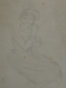A pencil sketch, C R, lady in 18th century dress, monogrammed, 25 x 17cm, framed and glazed