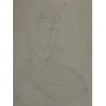 A pencil sketch, C R, lady in 18th century dress, monogrammed, 25 x 17cm, framed and glazed