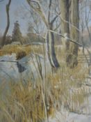 An acrylic painting, Christine Baines, Winter trees, signed and attributed verso, 29 x 12cm,