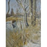 An acrylic painting, Christine Baines, Winter trees, signed and attributed verso, 29 x 12cm,