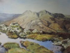 A watercolour, Christine Baines, Langdale Pikes from Lingmoor, signed and attributed verso, 23 x
