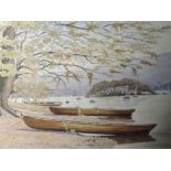 A watercolour, K Bate, Char boats, Bowness Bay, signed, 26 x 36cm, framed and glazed