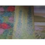 Three textile prints, after Margaret Wilmot, still life, inc Delphiniums, each 93 x 45cm