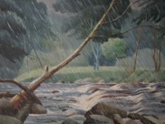 An oil painting, river in rain, indistinctly signed and dated 1953, 60 x 75cm, framed