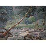 An oil painting, river in rain, indistinctly signed and dated 1953, 60 x 75cm, framed