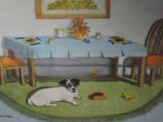 A watercolour, Barbara Wade, I Don't mind having the steak, dog interest, signed 18 x 23cm, framed