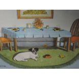 A watercolour, Barbara Wade, I Don't mind having the steak, dog interest, signed 18 x 23cm, framed