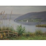 A print, after Jeff Sanders, A Summer Evening at Windermere, signed, 18 x 51cm, framed and glazed