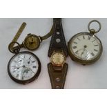 Two base metal pocket watches of different forms and two gold plated wrist watches