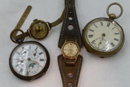 Two base metal pocket watches of different forms and two gold plated wrist watches