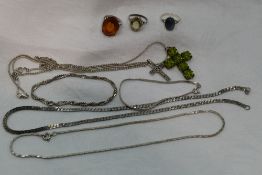 A selection of HM silver and white metal jewellery including dress rings, chains and pendants etc
