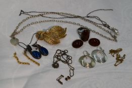 A small selection of white metal jewellery agate cabouchon ring, earrings, chain, a costume brooch