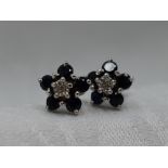 A pair of diamond and sapphire daisy cluster stud earrings in 9ct white gold mounts