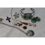 A selection of white metal jewellery, most stamped 925 including Baltic amber pendant and