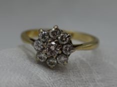 A lady's dress ring having a diamond cluster, total approx 0.04ct in a claw set mount on a yellow