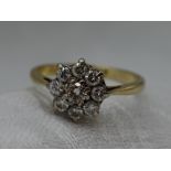 A lady's dress ring having a diamond cluster, total approx 0.04ct in a claw set mount on a yellow