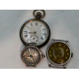A white metal top wound pocket watch stamped 935 having Roman numeral dial with subsidiary seconds