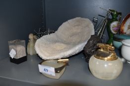 An assorted lot containing a large piece of coral, wire bicycles and a mid century desk top