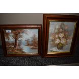 Two framed oil and canvas paintings, one of lake scene the other floral.both signed.