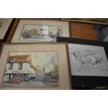 A Rose Sarna Pencil Caricature of a dog, And two limited edition prints of high street scenes