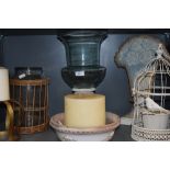 A varied lot of items, including large candles, and an ornamental bird cage.