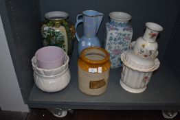 A selection of planters, a advertising stone ware jar for Hartle(y) strawberry (Jam?) a large lustre