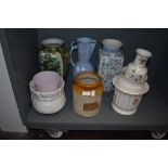 A selection of planters, a advertising stone ware jar for Hartle(y) strawberry (Jam?) a large lustre