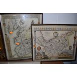 Two framed map prints, one of Cheshire the other Lancaster.