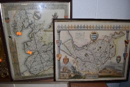 Two framed map prints, one of Cheshire the other Lancaster.
