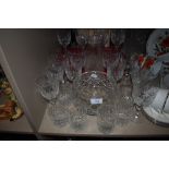 A selection of clear cut and crystal glass wares including Thomas Webb