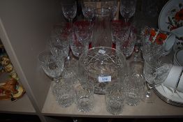 A selection of clear cut and crystal glass wares including Thomas Webb